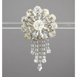 Large Vintage 1950s Rhinestone Dangle Brooch / Pendant - Flower Pin with Chain Fringe - Silver Tone, Clear Round and Marquise Stones