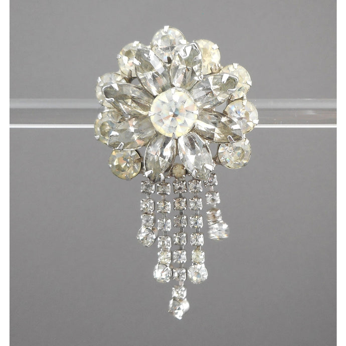 Large Vintage 1950s Rhinestone Dangle Brooch / Pendant - Flower Pin with Chain Fringe - Silver Tone, Clear Round and Marquise Stones