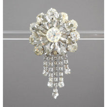 Load image into Gallery viewer, Large Vintage 1950s Rhinestone Dangle Brooch / Pendant - Flower Pin with Chain Fringe - Silver Tone, Clear Round and Marquise Stones