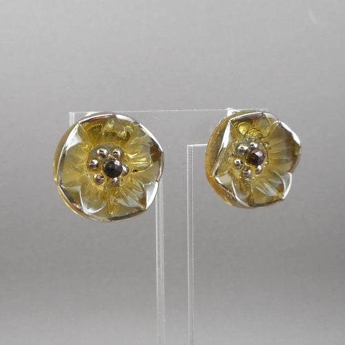 Vintage 1950s Button Style Clip Earrings Gold Black Silver Glass Flower Design
