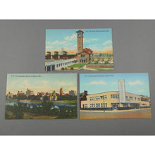 Load image into Gallery viewer, 3 Dayton Ohio Linen Postcards - Unposted - Curteich Chicago - D-9 The Union Station, D-10 The Impressive Skyline, D-11 Greyhound Bus Terminal - Montgomery County News Co.