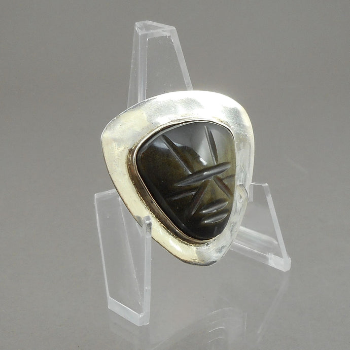Vintage Handmade Mid Century Mexican Obsidian and Sterling Silver* Mask Brooch - Convertible Necklace Pendant / Pin - Signed RVF Mexico - Hand Carved Gold Black Stone Modernist Design