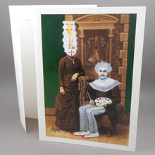 Load image into Gallery viewer, Set of 5 Vintage Peter Paone Fine Art Halloween Blank Greeting Card - Artist and His Muse in Clown Costumes - Collage and Paint on Victorian Photograph
