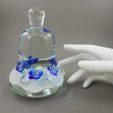 Load image into Gallery viewer, Large 5" Vintage circa 1970 Joe St. Claire Art Glass Bell Paperweight - White with Blue Lilies Flowers - Made in USA