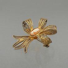 Load image into Gallery viewer, Vintage Victorian Revival Cameo Bow Brooch - Hand Carved Shell, 800 Gilt Silver Cannetille Filigree Ribbon -  Art Deco Era Pin