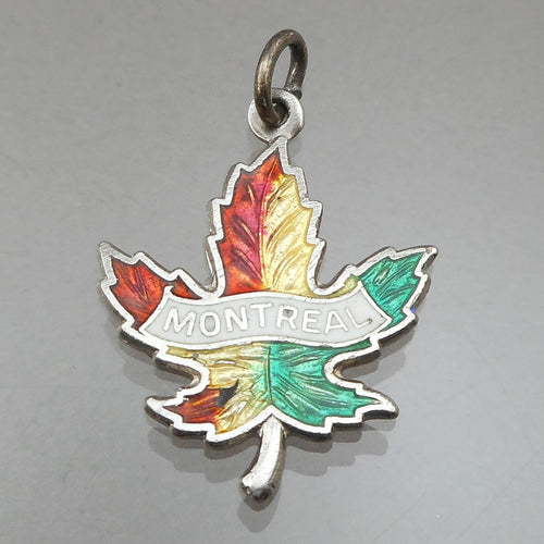 Vintage Montreal Canada Maple Leaf Bracelet Charm or Pendant - Sterling Silver with Red, Green, Yellow Enamel - Travel Souvenir