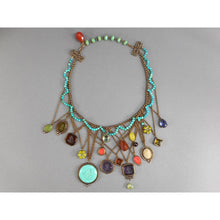 Load image into Gallery viewer, Rare Vintage Extasia Victorian Revival Bib Collar Necklace - Pressed German Glass Intaglio and Cameo Stones - Charms, Bronze Chains and Turquoise Beads - Adjustable