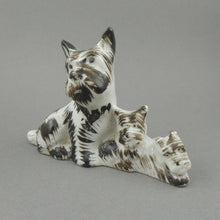 Load image into Gallery viewer, Vintage Circa 1950 Made in Occupied Japan Porcelain Scottie Dog Figurine - Black and White Terriers, Mother and 2 Puppies - MIJ Hand Painted Ceramic Statue