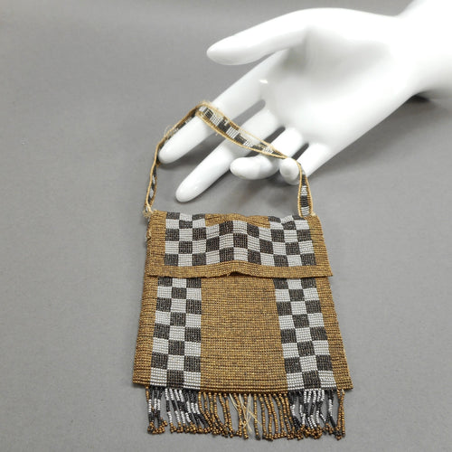 Antique Victorian or Edwardian Micro Beaded Mini Wristlet Purse with Fringe - Kid Glove Leather Lining