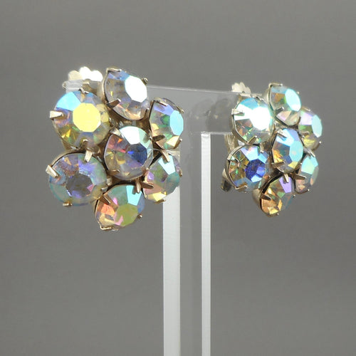 Vintage 1950s Iridescent  Rhinestone Cluster Clip On Earrings - AB Aurora Borealis Crystals, Gold Tone  - Daisy Flower Design