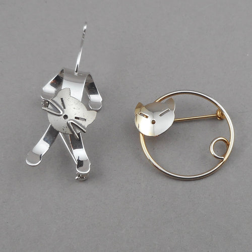2 Vintage Mid Century Beau Sterling Silver Cat Pins Brooches - Figural Animal Jewelry