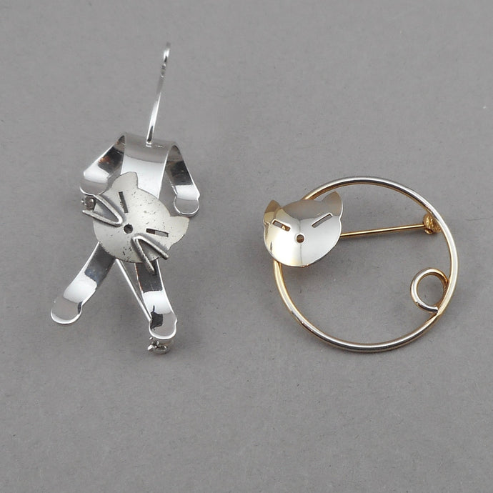 2 Vintage Mid Century Beau Sterling Silver Cat Pins Brooches - Figural Animal Jewelry