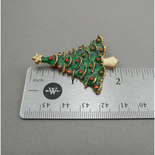 Load image into Gallery viewer, Excellent Vintage Christmas Tree Brooch Lapel Pin - Gold Tone, Green Enamel, Red Ornaments, Rhinestone Star