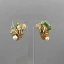 Load image into Gallery viewer, Vintage 1950s Kramer Clip On Earrings - Genuine Pearls, Jade, Gold Tone - Signed Designer Estate Costume Jewelry