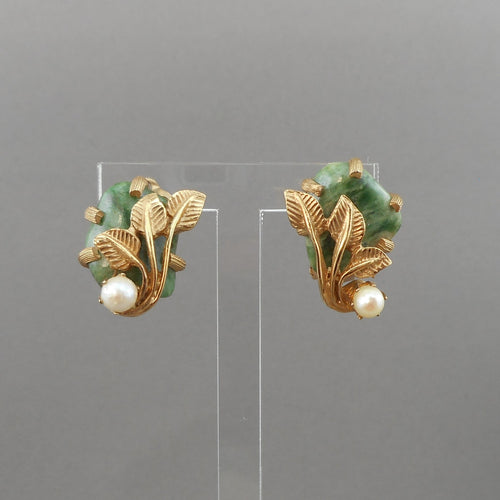 Vintage 1950s Kramer Clip On Earrings - Genuine Pearls, Jade, Gold Tone - Signed Designer Estate Costume Jewelry