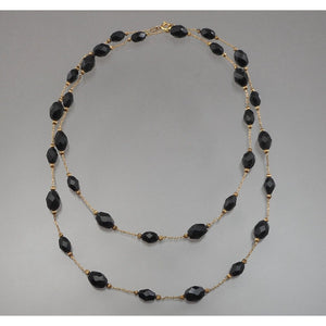 31" Long Vintage French Jet Black Glass Beads Gold Tone Chain Necklace Opera