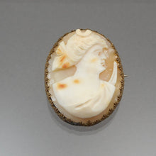 Load image into Gallery viewer, Antique or Vintage Genuine Carved Shell Cameo Brooch - Victorian Revival Style Pin - Gold Finish Filigree Setting