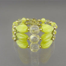 Load image into Gallery viewer, Vintage 1950s Signed Kramer Jewelry Set - Cuff Wrap Bracelet and Clip On Cluster Earrings - Chartreuse Yellow Green Acrylic Beads
