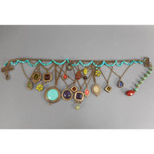 Load image into Gallery viewer, Rare Vintage Extasia Victorian Revival Bib Collar Necklace - Pressed German Glass Intaglio and Cameo Stones - Charms, Bronze Chains and Turquoise Beads - Adjustable