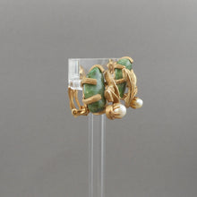 Load image into Gallery viewer, Vintage 1950s Kramer Clip On Earrings - Genuine Pearls, Jade, Gold Tone - Signed Designer Estate Costume Jewelry