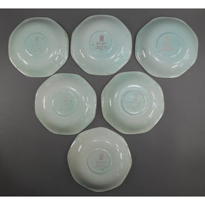 6 Vtg Old Mark Adams Calyx Ware Singapore Bird Pattern Cup and Saucer Sets - Circa 1930 English Ironstone - Pale Blue Green with Pink Flowers - Made in England