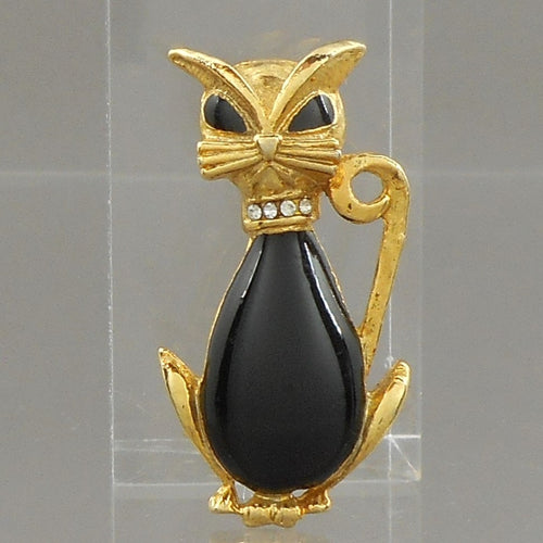Excellent Vintage Mid Century Cat Brooch Lapel Pin - Black Enamel, Crystals or Rhinestones, Gold Tone - MCM Modernist Design