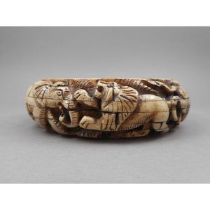 Vintage Carved Layered Cow Bone Bracelet - Elephant and Lion Figures - Large and Heavy Handmade Bangle