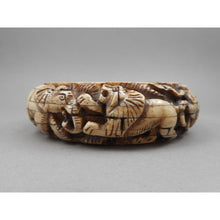 Load image into Gallery viewer, Vintage Carved Layered Cow Bone Bracelet - Elephant and Lion Figures - Large and Heavy Handmade Bangle