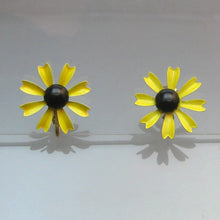Load image into Gallery viewer, Vintage 1960s Enamel Daisy Earrings Clip On Retro Flower Design Yellow and White