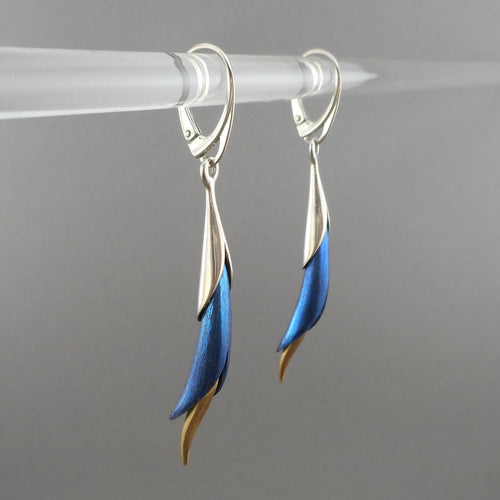 Vintage Handmade Enchante Jewelry Sterling Silver Dangle Earrings - Blue and Gold Calla Lily Flower Design - French Wires for Pierced Ears
