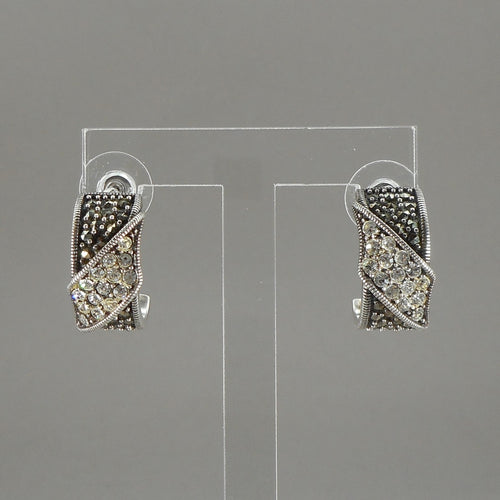 Excellent Vintage Marcasite, Crystal or CZ and Sterling Silver Half Hoop Earrings - Art Deco Revival Style - Post, Pierced