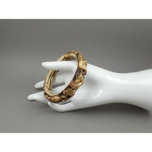 Vintage Carved Layered Cow Bone Bracelet - Elephant and Lion Figures - Handmade Bangle