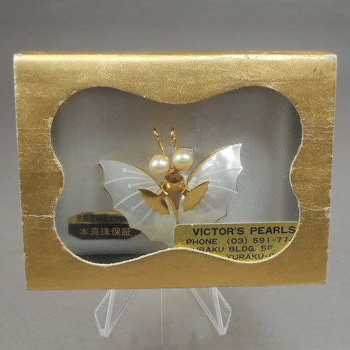 Perfect Vintage MOP Butterfly Brooch Lapel Pin - Genuine Pearls, Mother of Pearl, Gold Tone - Victor's, Tokyo - New in Presentation Box