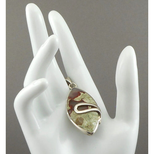 Vtg Jasper w Agate Sterling Silver Pendant Natural Gemstone Brown Green White