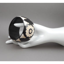 Load image into Gallery viewer, Vintage Carved Bakelite Bracelet - Black and White Daisy Flower Design - Large and Heavy Bangle  - Simichrome Tested - Circa 1930 / 1940