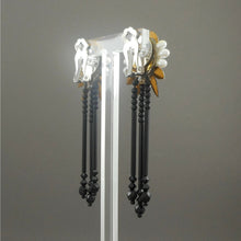 Load image into Gallery viewer, Vintage French Jet Chandelier Dangle Earrings Faux Pearl Black Glass Rhinestones