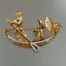 Load image into Gallery viewer, Perfect Vintage Spanish Damascene Souvenir Gondola Brooch - circa 1960 - Black, Silver, Gold Tone Pin - Spain Travel and Tourism