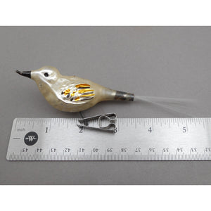 Antique or Vtg German Blown Glass Bird Christmas Ornament - Clip On, Spun Tail - Black White and Gold