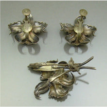 Load image into Gallery viewer, Vintage Handmade Mexican Sterling Silver Orchid Brooch Pin and Screw Back Earrings - Artisan Crafted Flower Design Jewelry Set