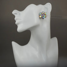 Load image into Gallery viewer, Vintage 1950s Iridescent  Rhinestone Cluster Clip On Earrings - AB Aurora Borealis Crystals, Gold Tone  - Daisy Flower Design