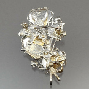 Excellent Vtg Kenneth Cole KC Heart and Flower Brooch - Silver, Black and White Faux Moonstone, Enamel Leaf, Purple Rhinestone Pin - Signed Designer Jewelry