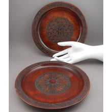 Load image into Gallery viewer, 2 Vintage Polish Folk Art Hand Carved Wood Plates with Inlaid Brass Metal - Flower Designs - Made in Poland