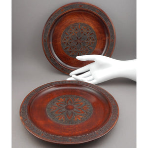 2 Vintage Polish Folk Art Hand Carved Wood Plates with Inlaid Brass Metal - Flower Designs - Made in Poland