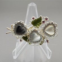Load image into Gallery viewer, Excellent Vtg Kenneth Cole KC Heart and Flower Brooch - Silver, Black and White Faux Moonstone, Enamel Leaf, Purple Rhinestone Pin - Signed Designer Jewelry