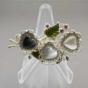 Excellent Vtg Kenneth Cole KC Heart and Flower Brooch - Silver, Black and White Faux Moonstone, Enamel Leaf, Purple Rhinestone Pin - Signed Designer Jewelry