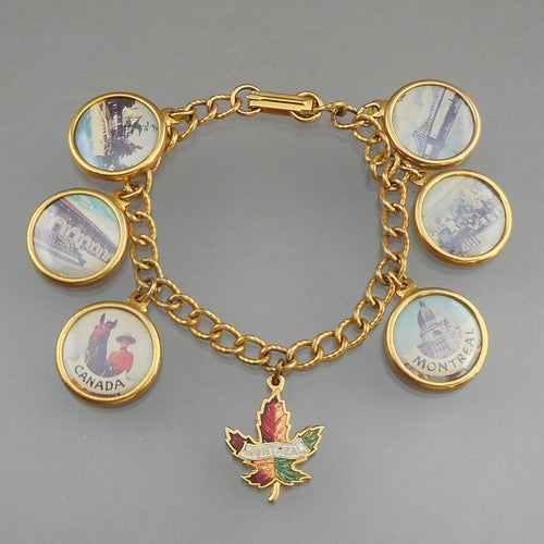 Vintage Montreal Canada Souvenir Charm Bracelet - circa 1950 / 1960 - Enamel Maple Leaf, Color Photos, Gold Tone Chain - Travel and Tourism