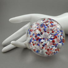 Load image into Gallery viewer, Vintage circa 1975 John Gentile Art Glass Paperweight - Eagle and Shield Pontil Stamp Mark - Red White and Blue Flower - Made in USA - Star City, Morgantown, WV