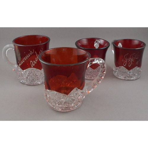 Antique Souvenir Ruby Stain Glass Mini Mug Collection - Lot of 4 Edwardian Etched Red Flash Souvenir Pressed Glass Cups - Chicago, JJC, Luvinia Archer