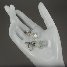 Load image into Gallery viewer, Vintage 1950s Signed Laguna Clip On / Screw Back Dangle Earrings - Iridescent Aurora Borealis Clear Glass Crystal Beads, Silver Tone