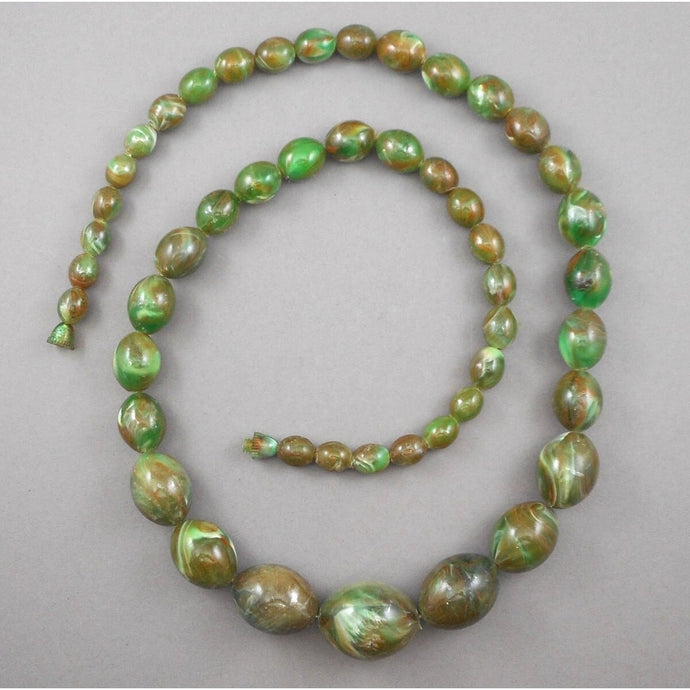 Long Vintage Green Marble Graduated Bead Necklace Old Swirl Plastic Opera Length